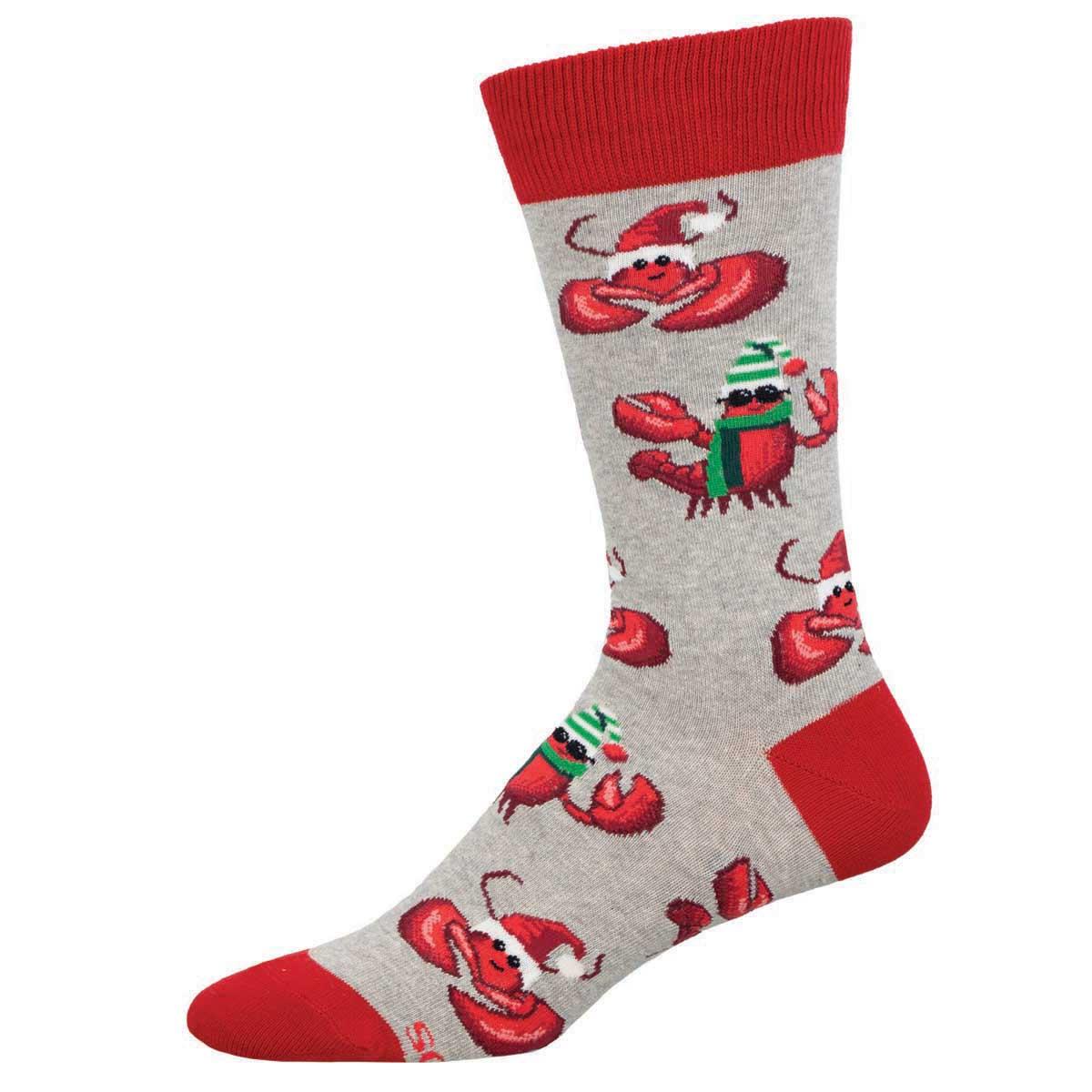 A pair of men's crew socks with a lobster design, predominantly red and gray.