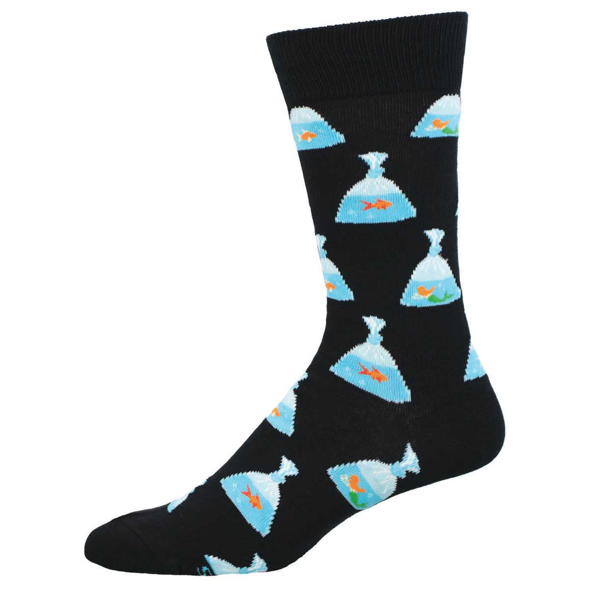 A black crew sock with a pattern of goldfish and mermaids in bags like you'd win at the fair.
