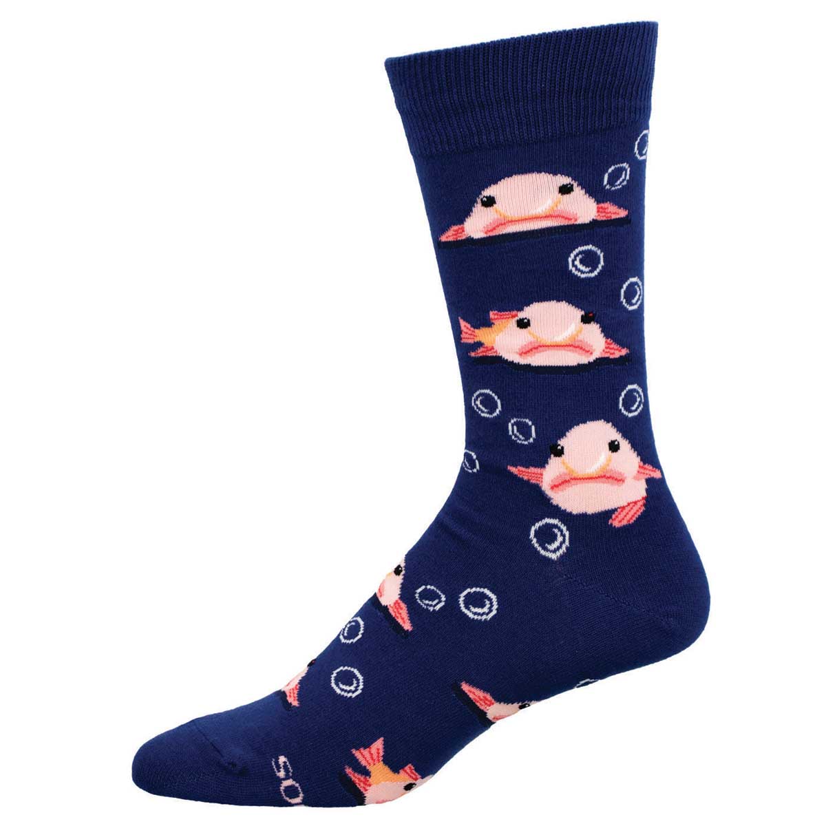 A pair of navy blue crew socks with a pattern of cartoon-style blobfish in pink and orange colors.