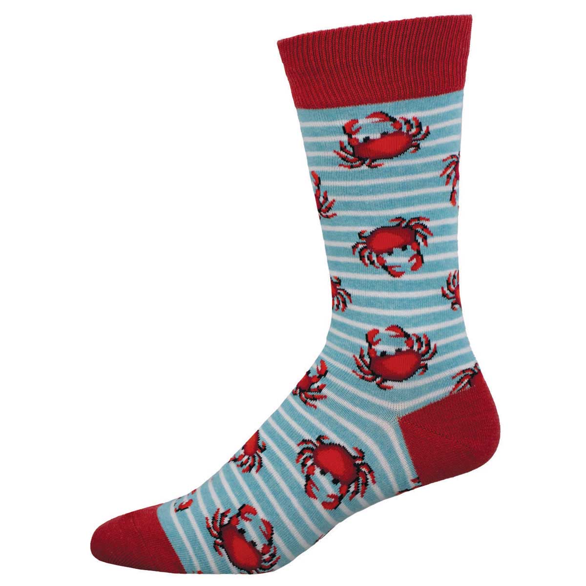 A pair of colorful crew socks featuring a pattern with red crabs on a blue and white striped background.