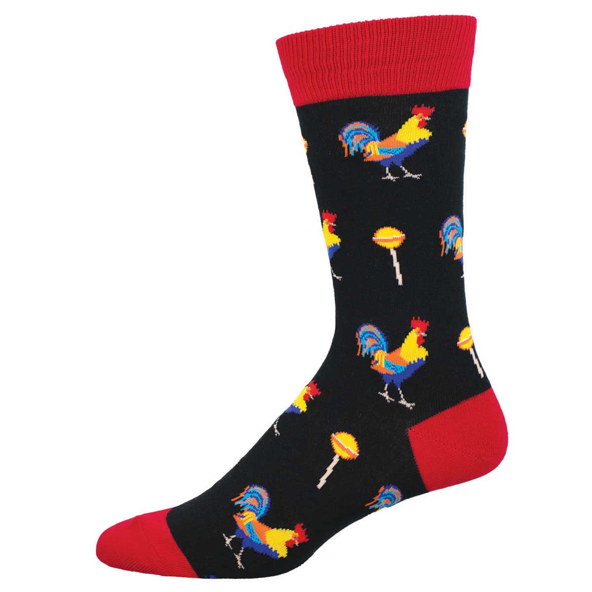 A pair of men's crew socks with a pattern of colorful chickens and lollipops on a black background with red tips.
