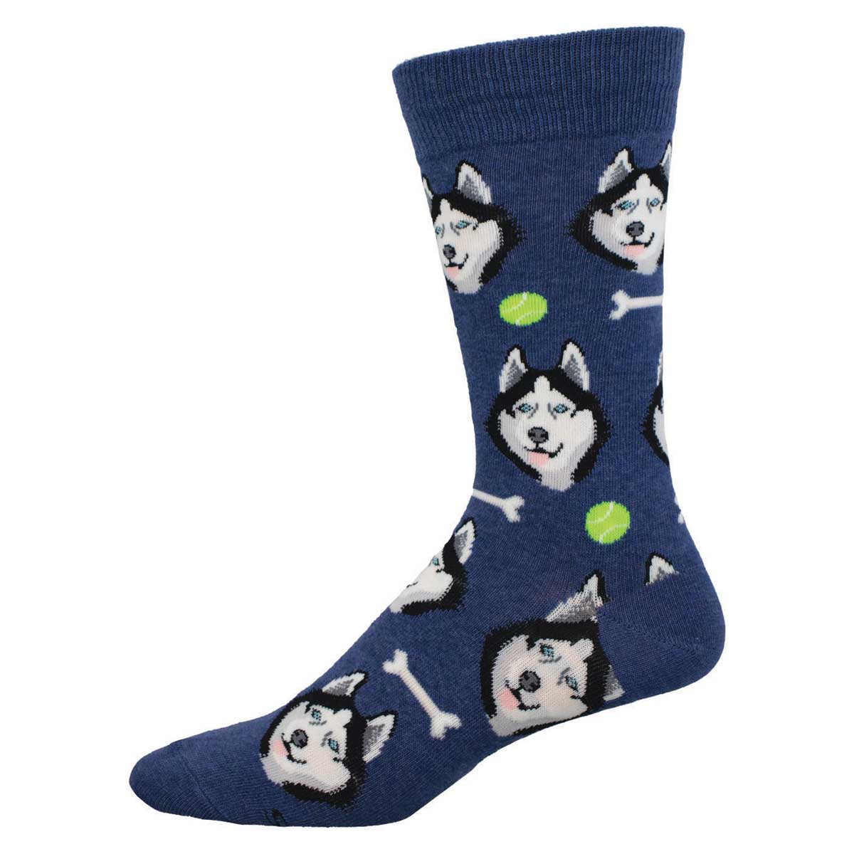 A pair of blue socks with a pattern of husky dog faces and tennis balls.