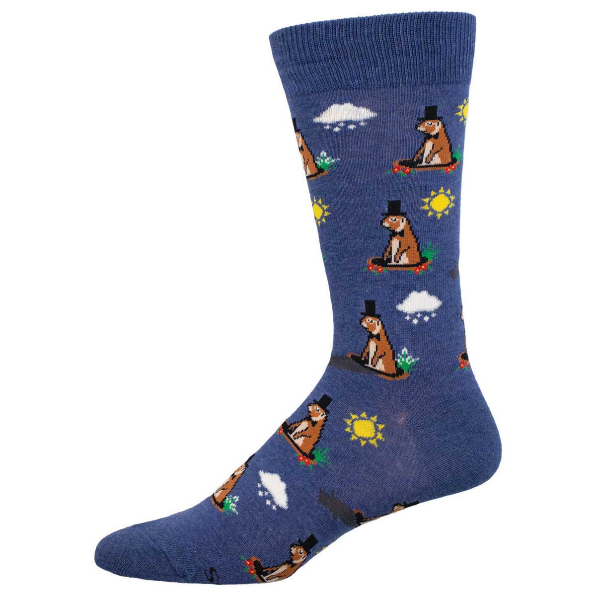 A pair of blue cotton crew socks with a novelty design of a groundhog wearing a hat, sun, and clouds.