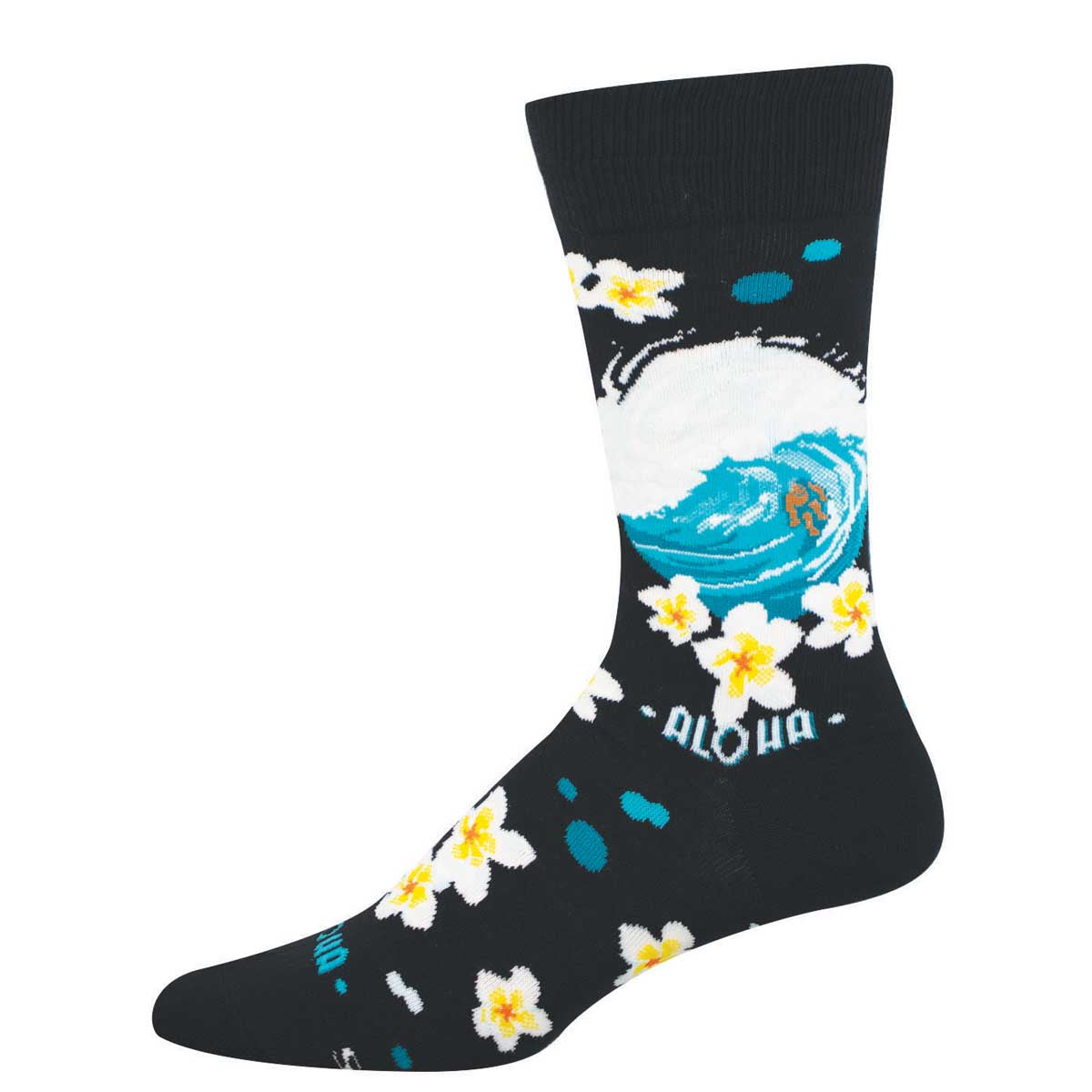 A black crew sock with a blue wave design and white and yellow floral patterns, featuring the text 'Aloha' on the lower part.