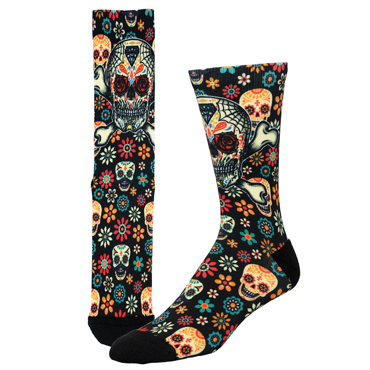 Colorful skull and floral patterned socks on a white background