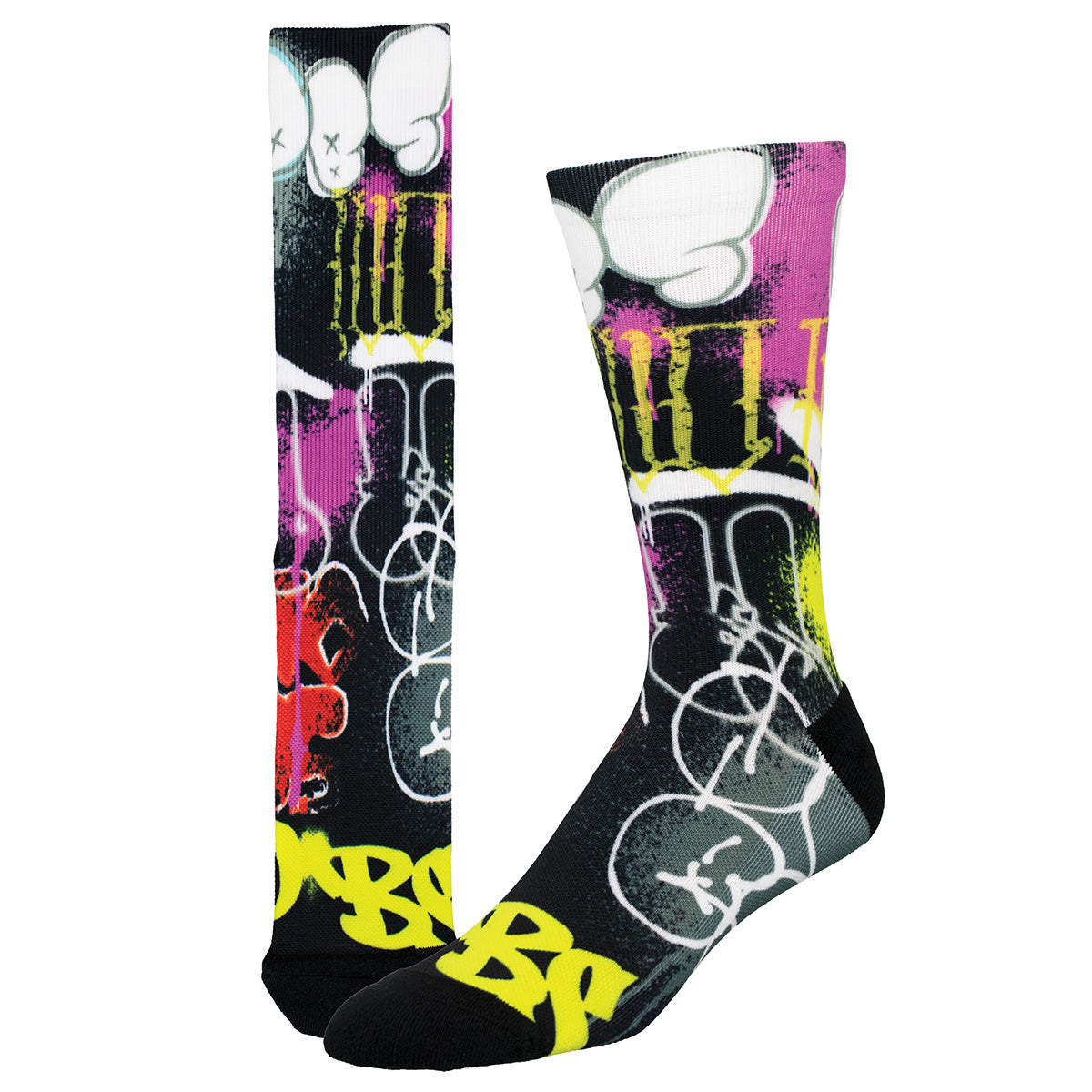 Colorful socks with abstract designs and brand logo on a white background