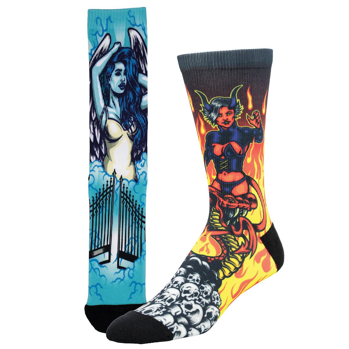 a female angel and devil each on their own sock for a heaven and hell set