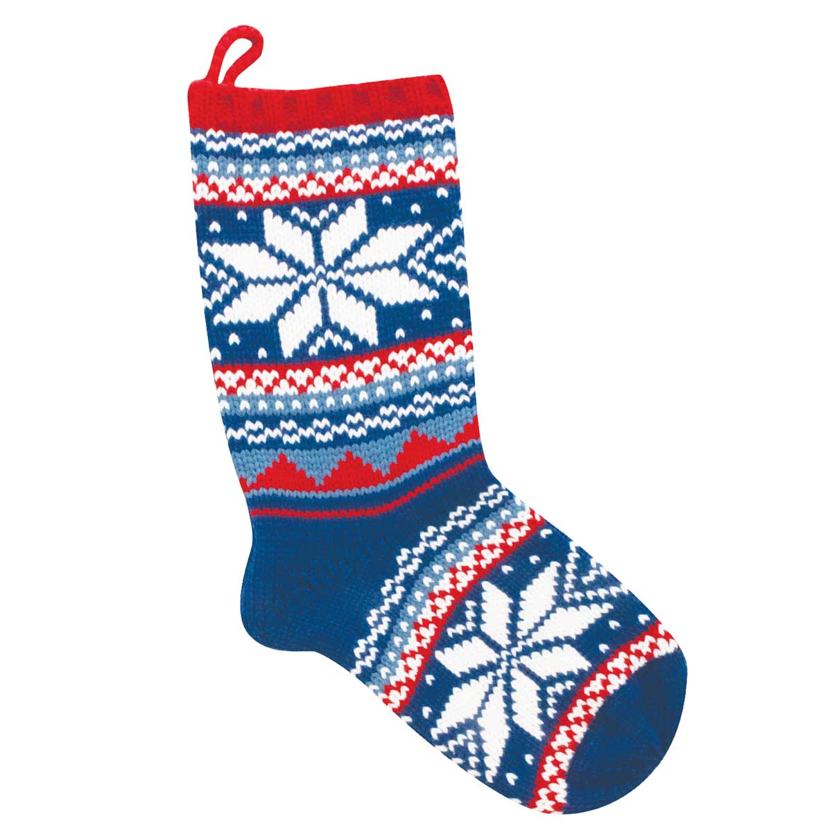 A single Christmas stocking with a red hanging loop, featuring a blue and white Nordic/Fair Isle pattern with snowflakes and geometric stripes with red accents.