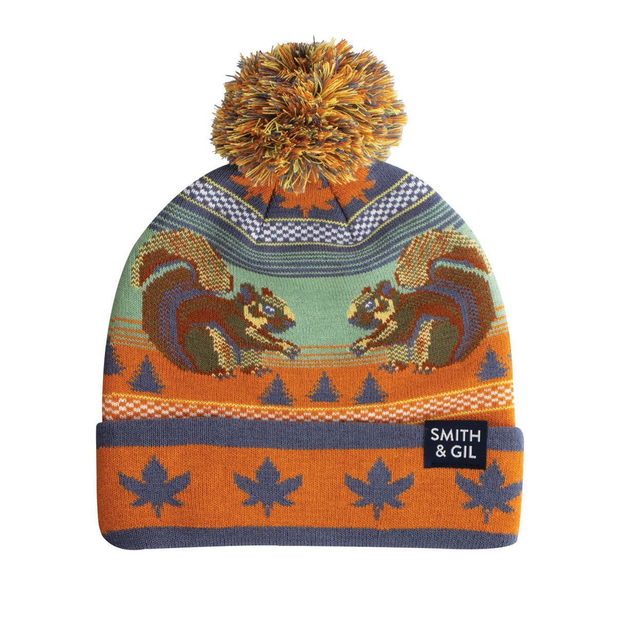 Colorful knit beanie with pom-pom and squirrel design on a white background