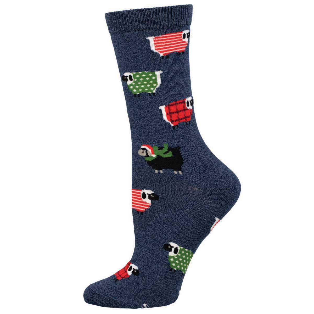 A pair of women's socks with a pattern of sheep in various colors on a navy background.