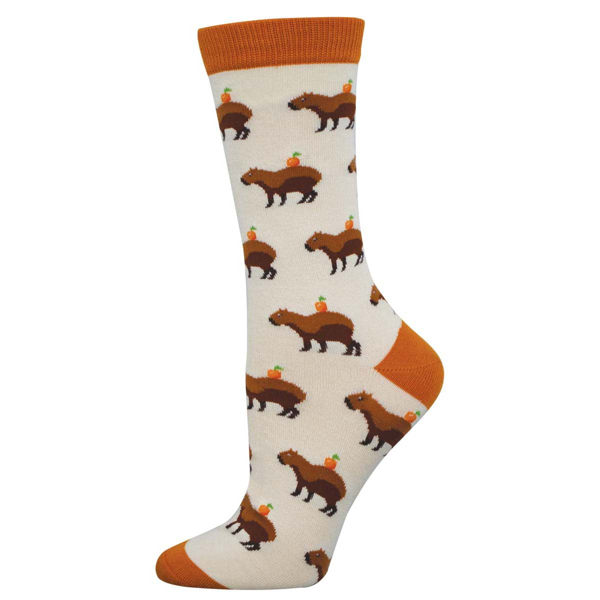 A pair of women's crew socks with a pattern of capybaras in brown color on a white background with orange cuffs.