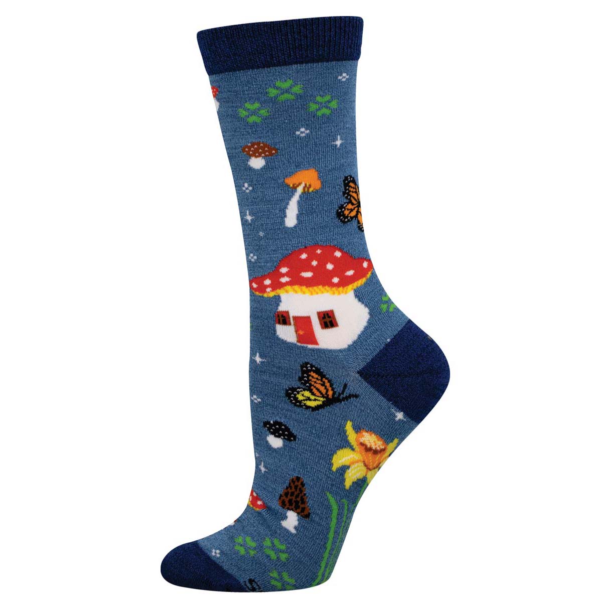A pair of blue crew socks with a pattern of mushrooms, butterflies, and flowers.