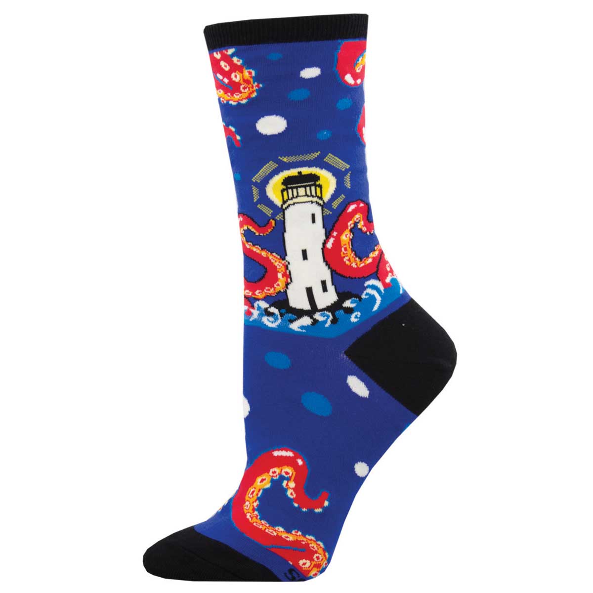 Women's Cotton Crew Socks - Walton Lighthouse and Wave Design with "Santa Cruz" Tentacle-Themed Lettering - Blue - Socksmith