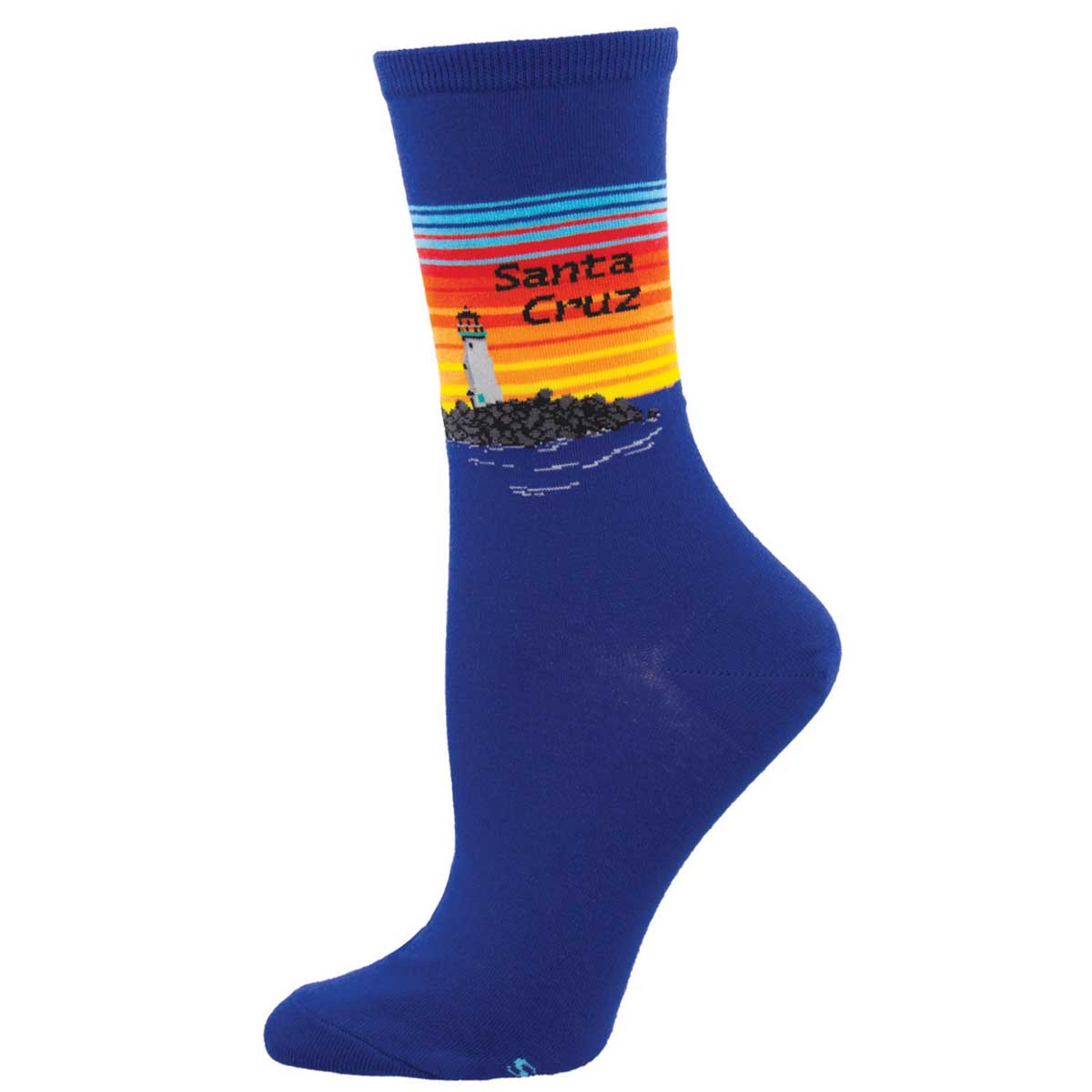 Women's Cotton Crew Socks - Walton Lighthouse at Sunset Design with "Santa Cruz" Text - Blue - Socksmith