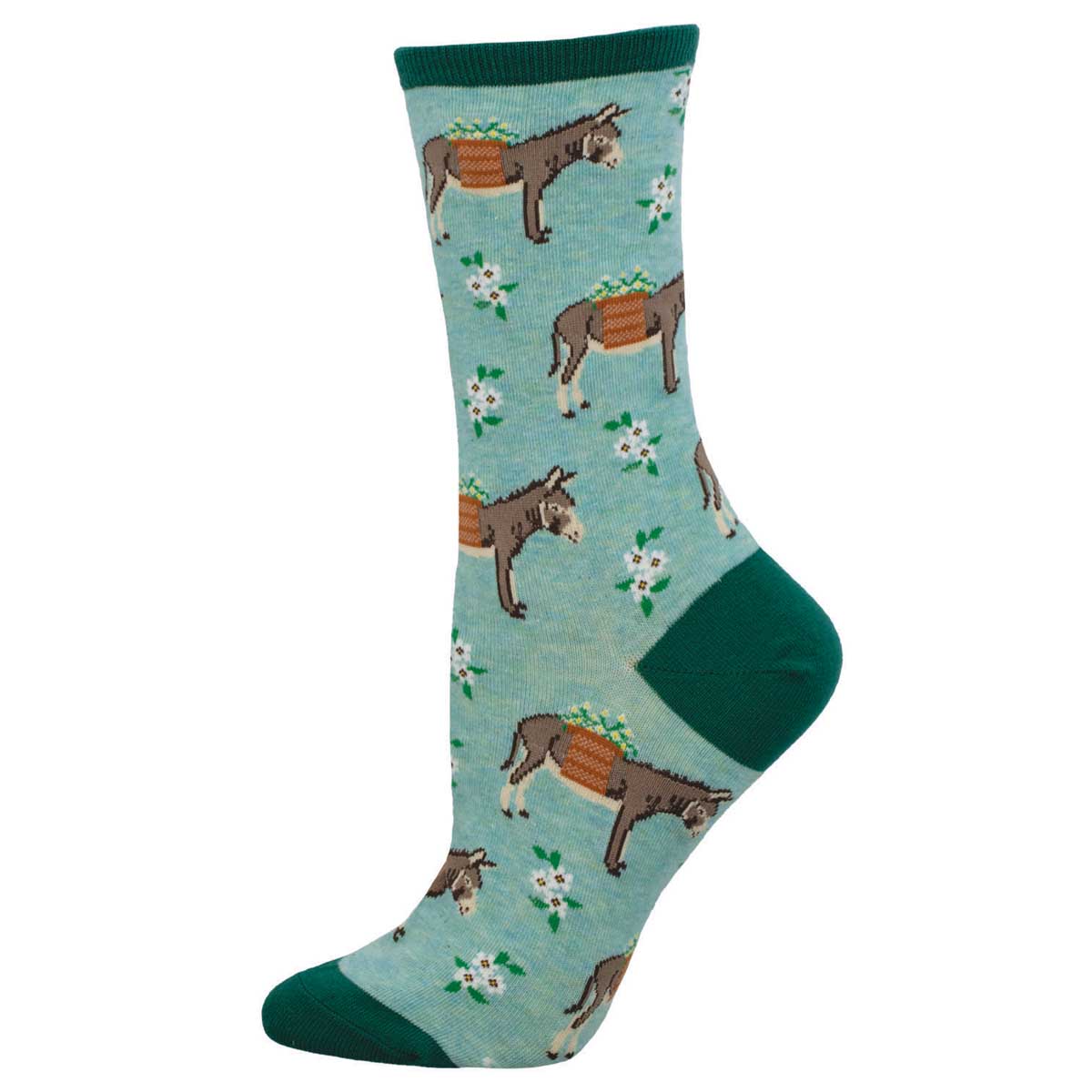 A pair of women's crew socks featuring an animal pattern with donkeys and flowers on a blue green background with dark green trim.