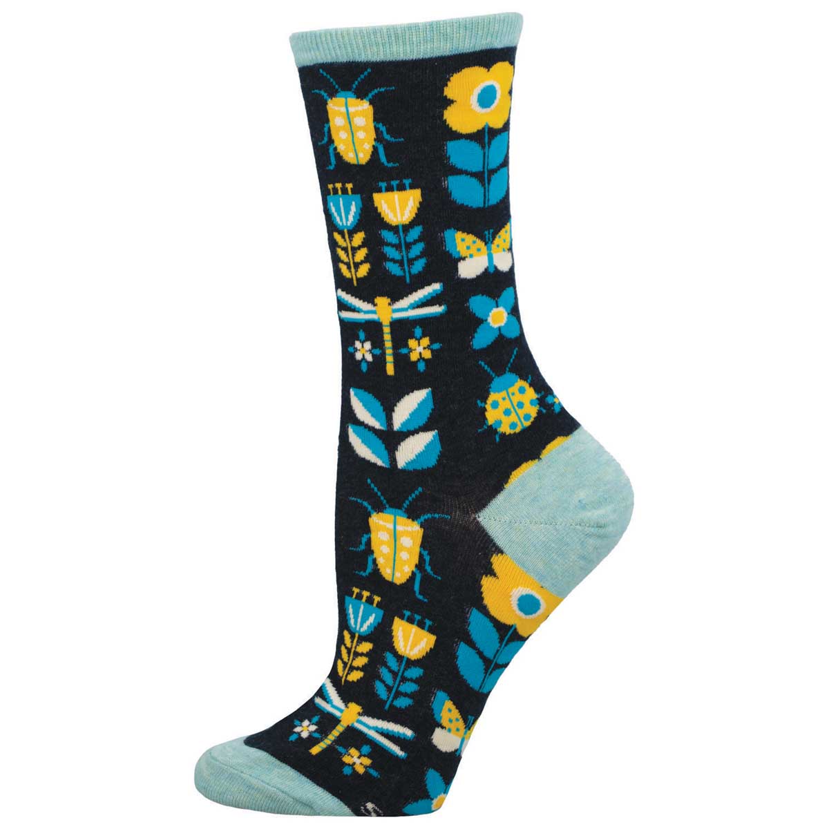 A pair of blue and yellow cotton crew socks with a nature-inspired pattern including insects and plants.