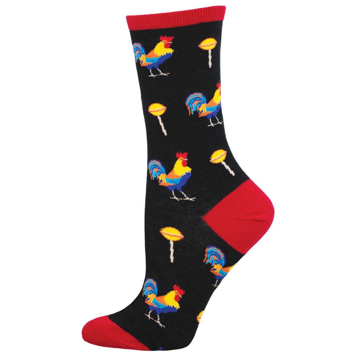 A pair of women's crew socks featuring a pattern with colorful roosters and lollipops on a black background with red at the heels and toes.