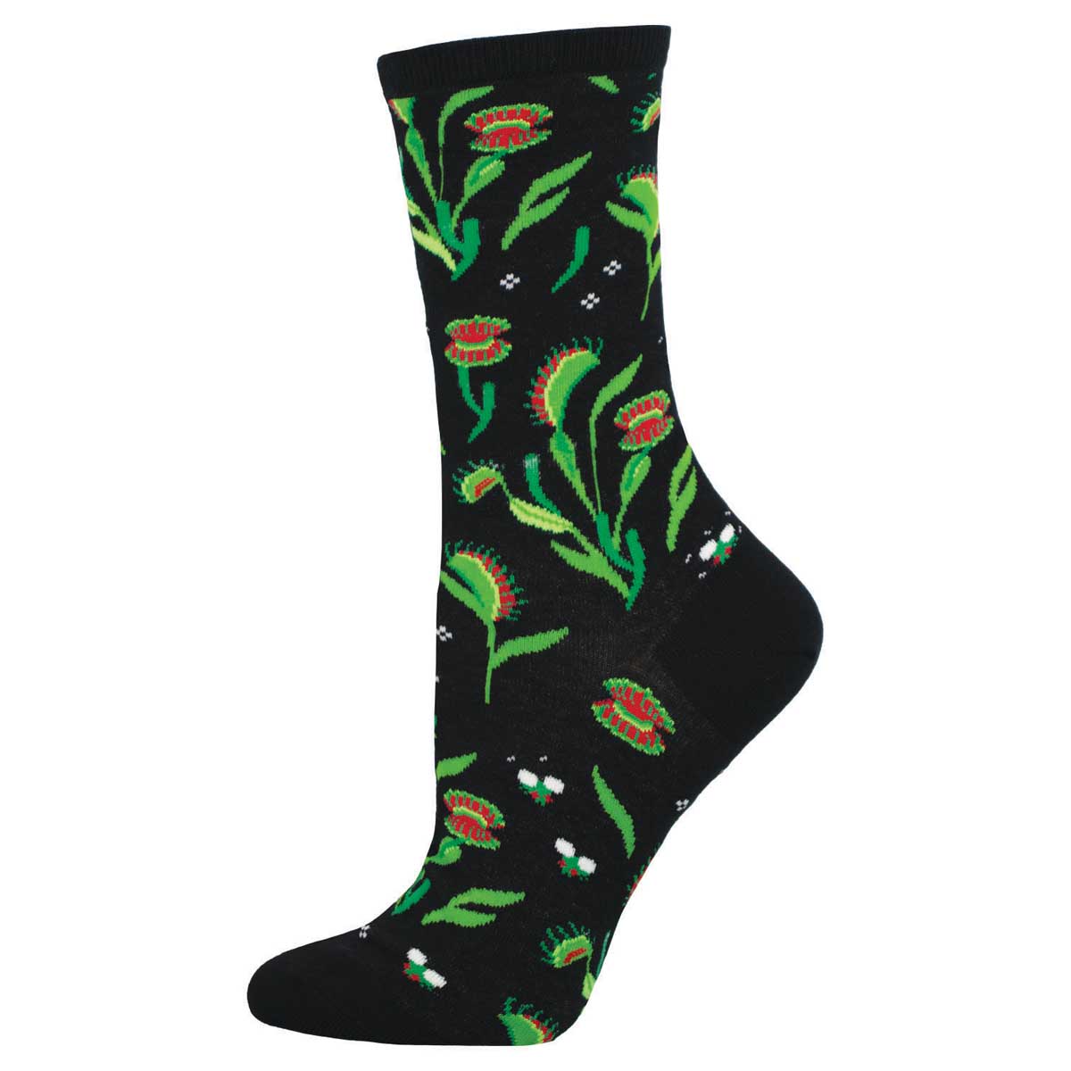 A black crew sock with a floral venus fly trap pattern featuring green leaves and red flowers.