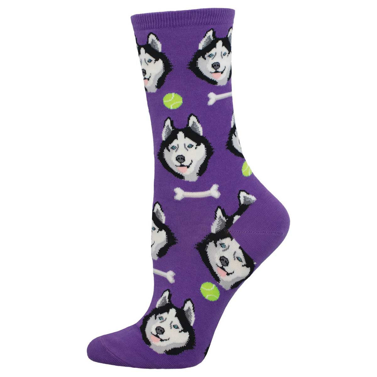 A purple sock with a pattern featuring a husky dog face, tennis balls, and a bone.
