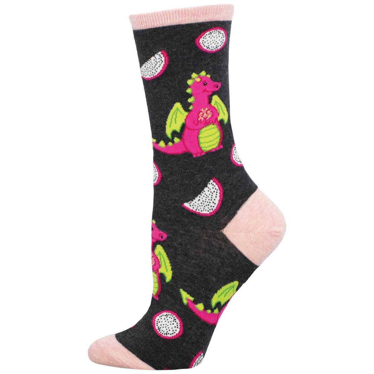 A pair of women's crew socks featuring a pattern of dragons and dragonfruit slices in pink, purple, and green on a black background with gray heel and toe areas.