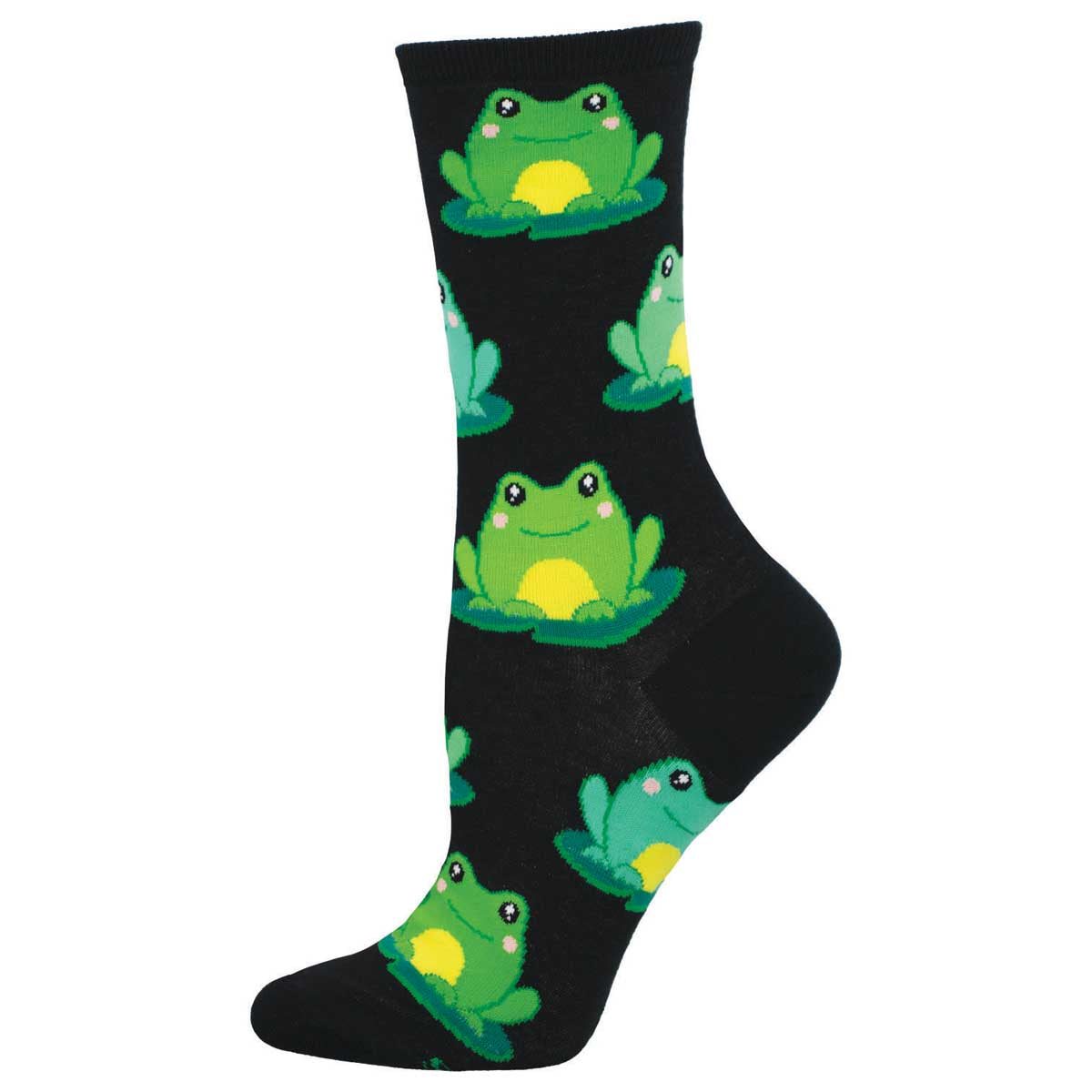 A pair of black crew socks with a pattern of cartoon green frogs on them.