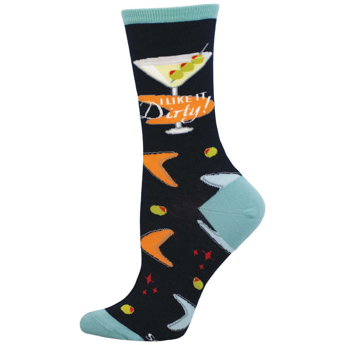 A pair of novelty cotton crew socks with a dirty martini design, featuring olives and a glass, with the text 'I like it dirty!'.