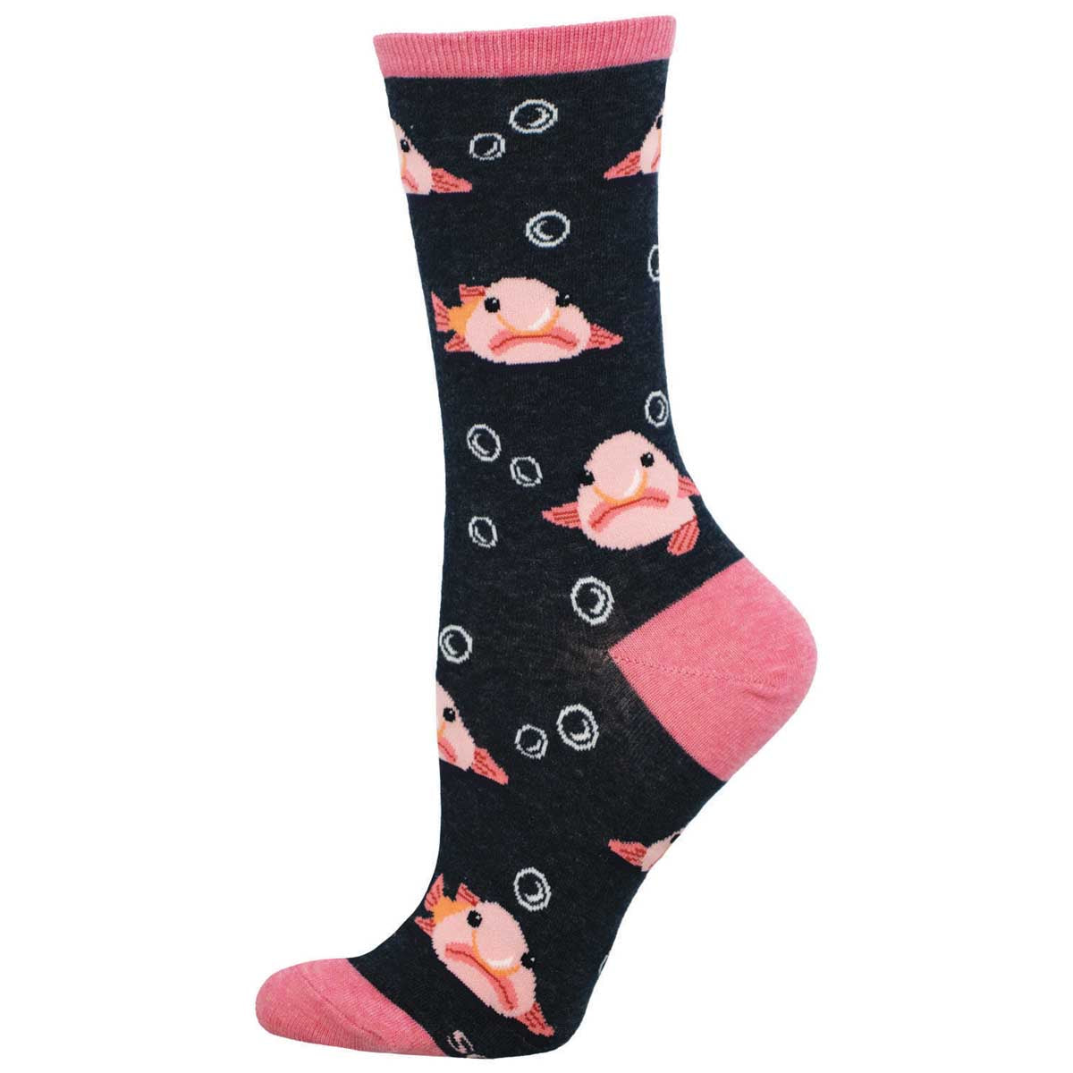 A pair of crew socks featuring a pattern with cartoonish blobfish on a dark background with bubbles, and pink at the heels and toes.