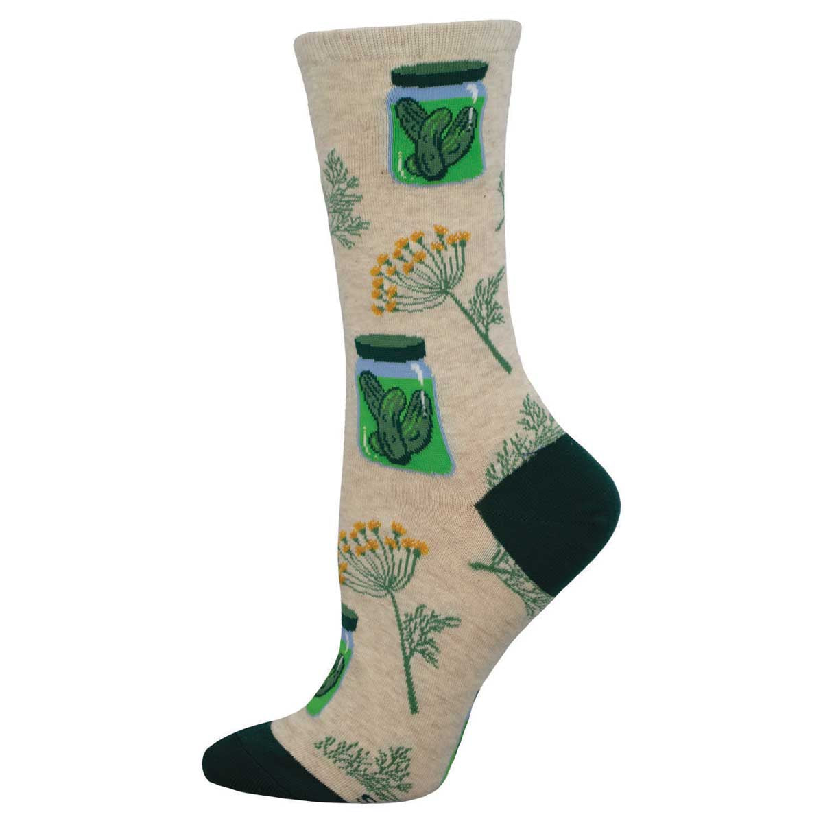 A pair of beige cotton crew socks with a pattern of pickle jars and dill plants.