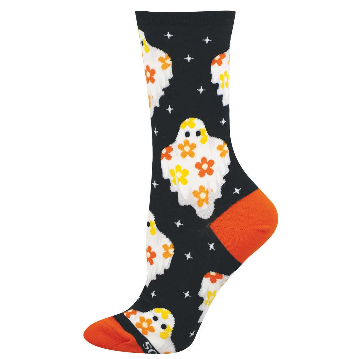 Women's Halloween Cotton Crew Socks - Cute Sheet Ghost and Florals Design - Black - Socksmith