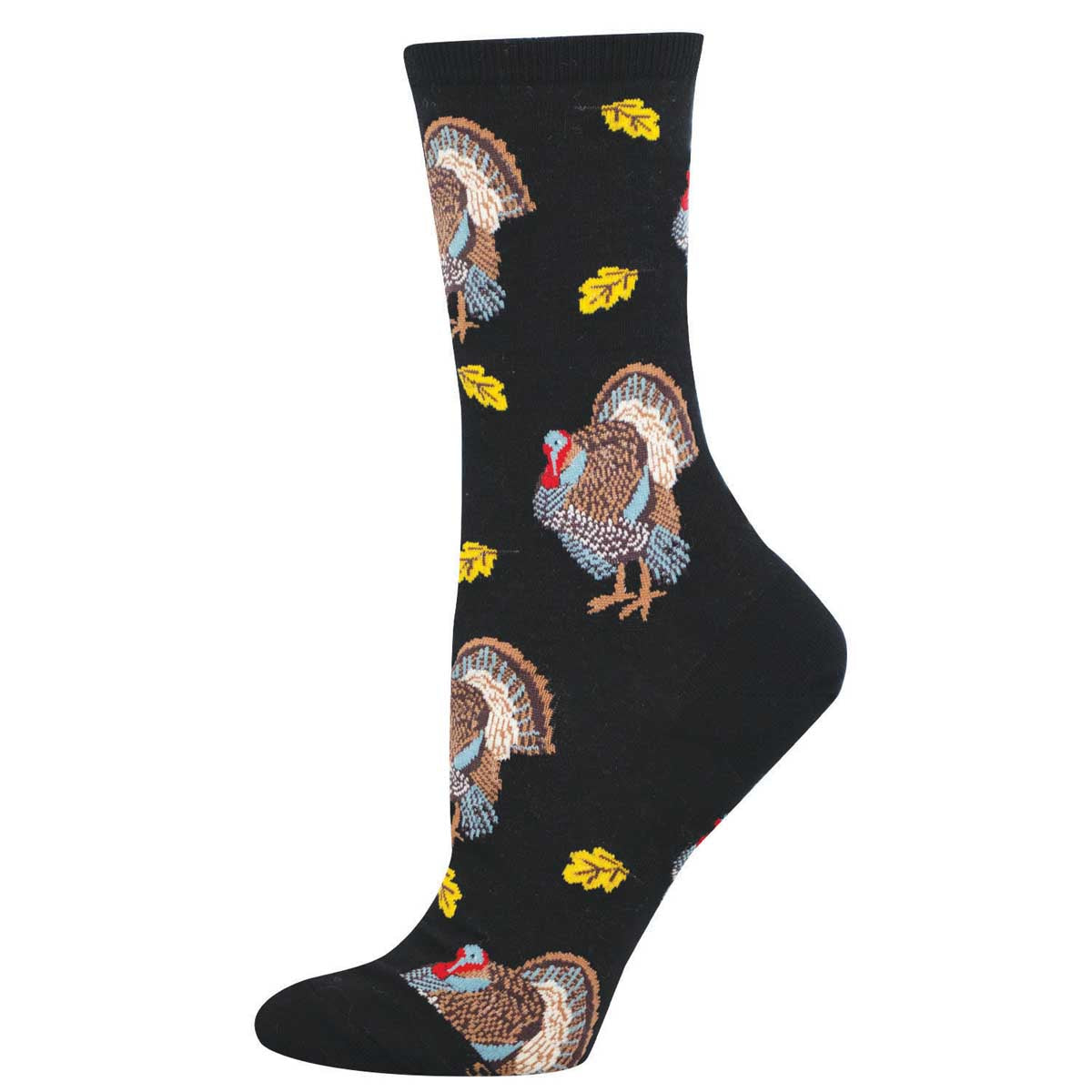 Women's Holiday Cotton Crew Socks - Colorful Turkey Design with Yellow Leaves - Black - Socksmith