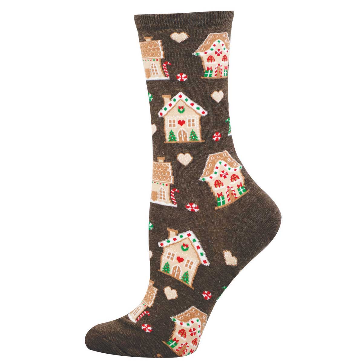 Women's Holiday Cotton Crew Socks - Colorful Gingerbread Houses Design - Brown Heather - Socksmith