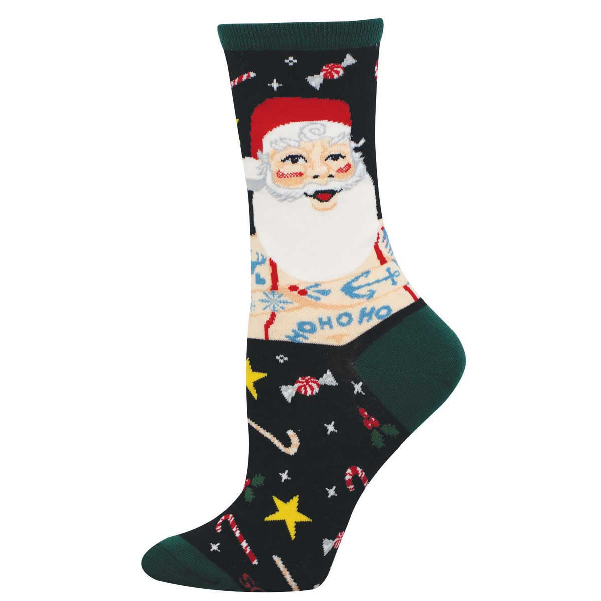Women's Holiday Cotton Crew Socks - Santa Claus with Tattoos Design - Black - Socksmith