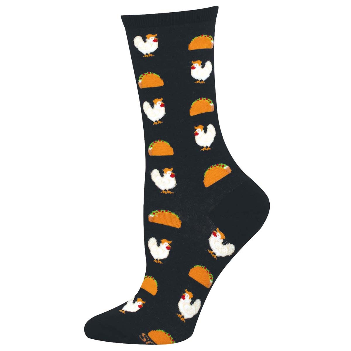 Black sock with chicken and taco pattern on a white background
