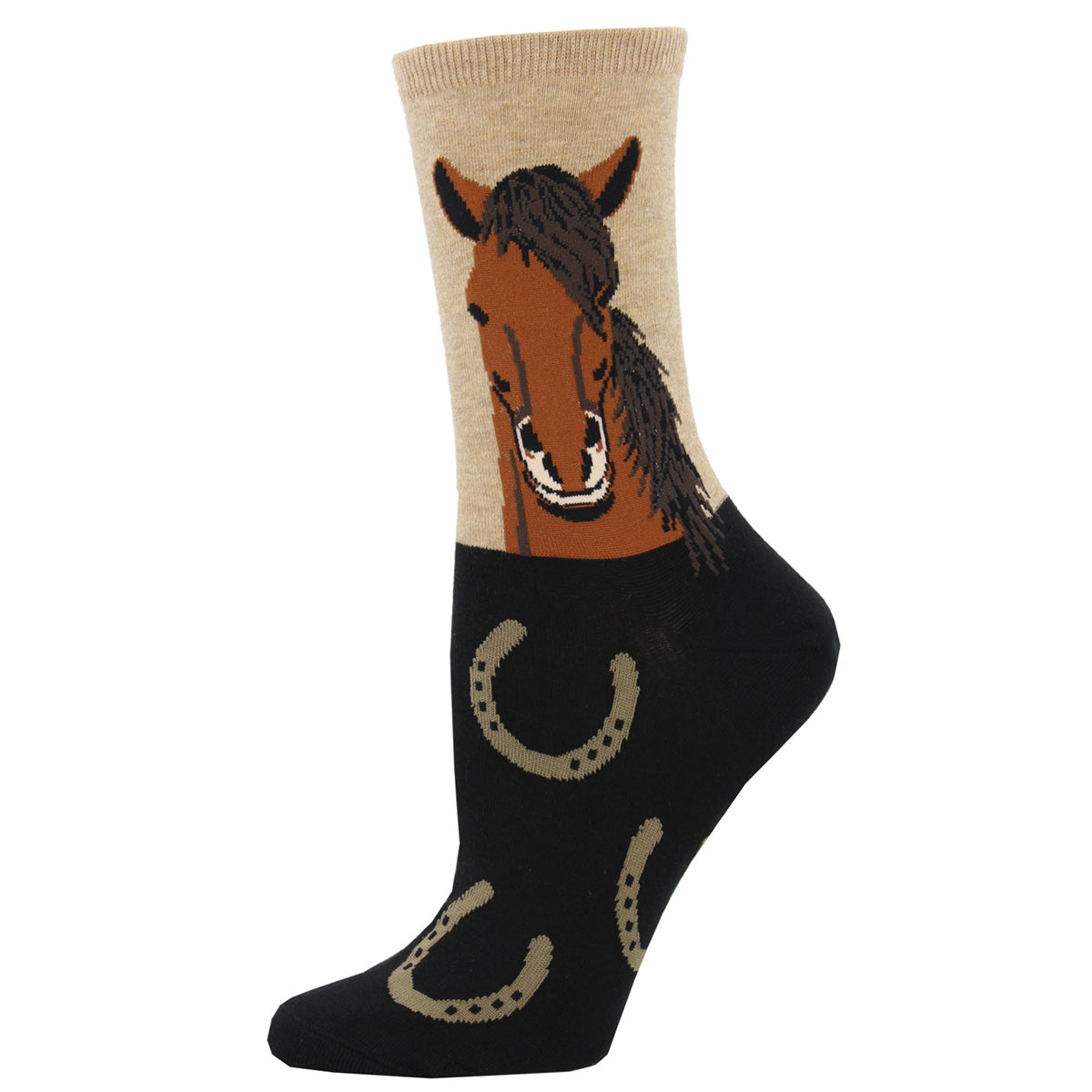 A pair of socks with a horse head design and horseshoe accents, featuring a contrast of colors with a primarily beige and black palette.