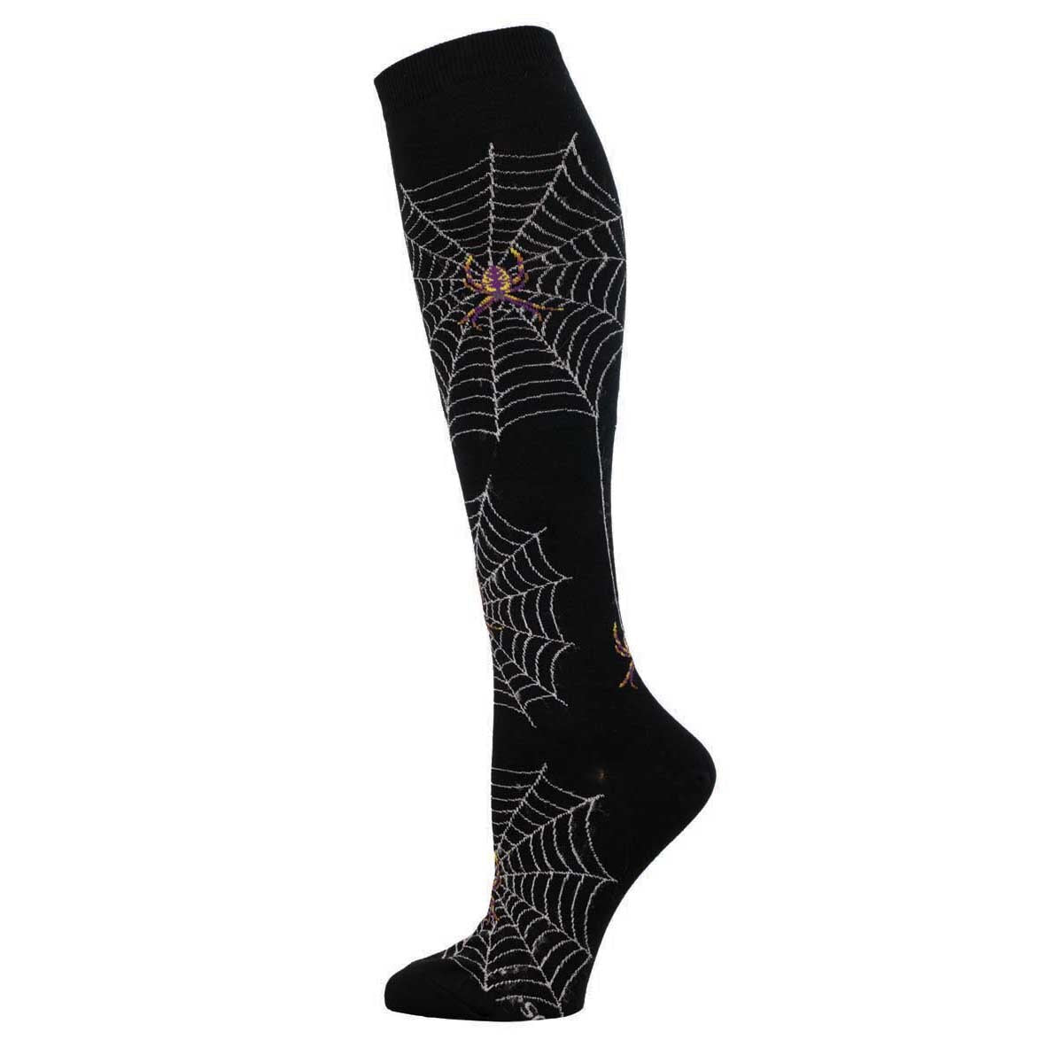 A knee-high sock with a black background featuring a spider and spiderweb pattern.
