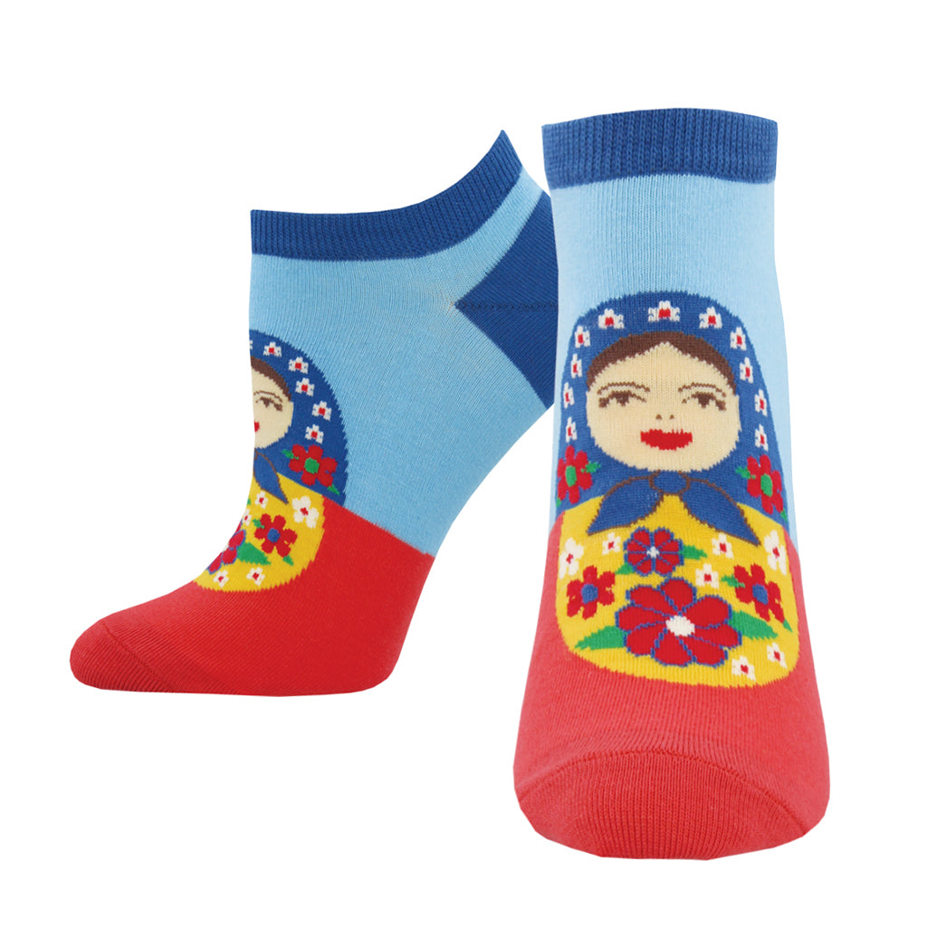 Women's Cotton Ped Socks - Colorful Matryoshka Doll Design - Sky Blue - Socksmith