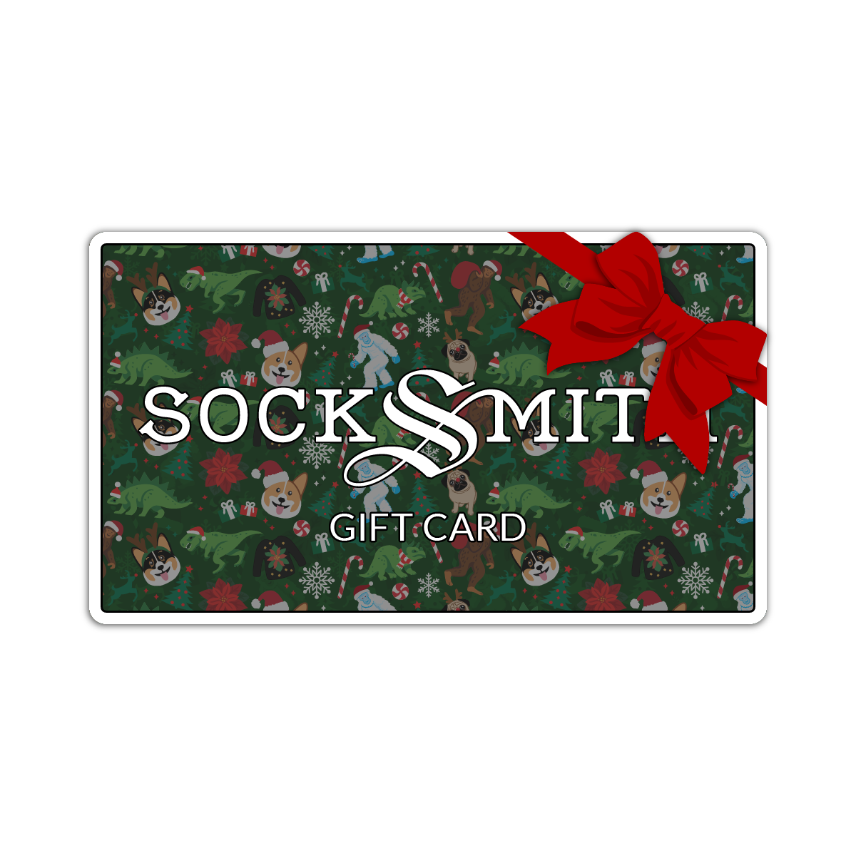 Socksmith gift card with Christmas-themed design and red bow on a green background