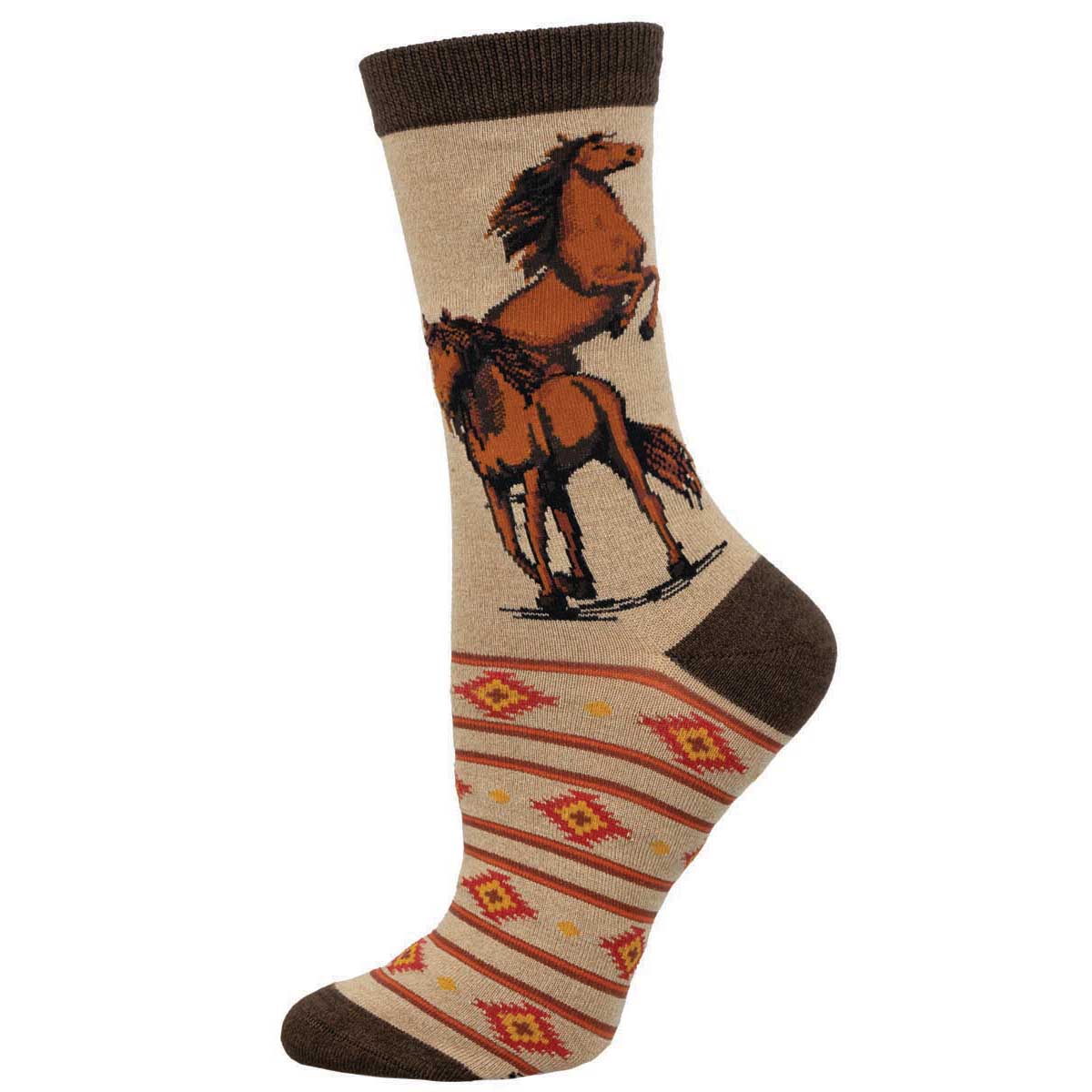 A pair of socks with a design of wild horses in brown color on a beige background with a geometric pattern at the cuff.