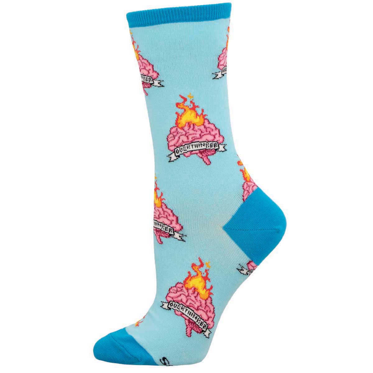 A pair of light blue crew socks with a pattern of brains on fire, text 'Overthinker', and a solid blue heel and toe design.