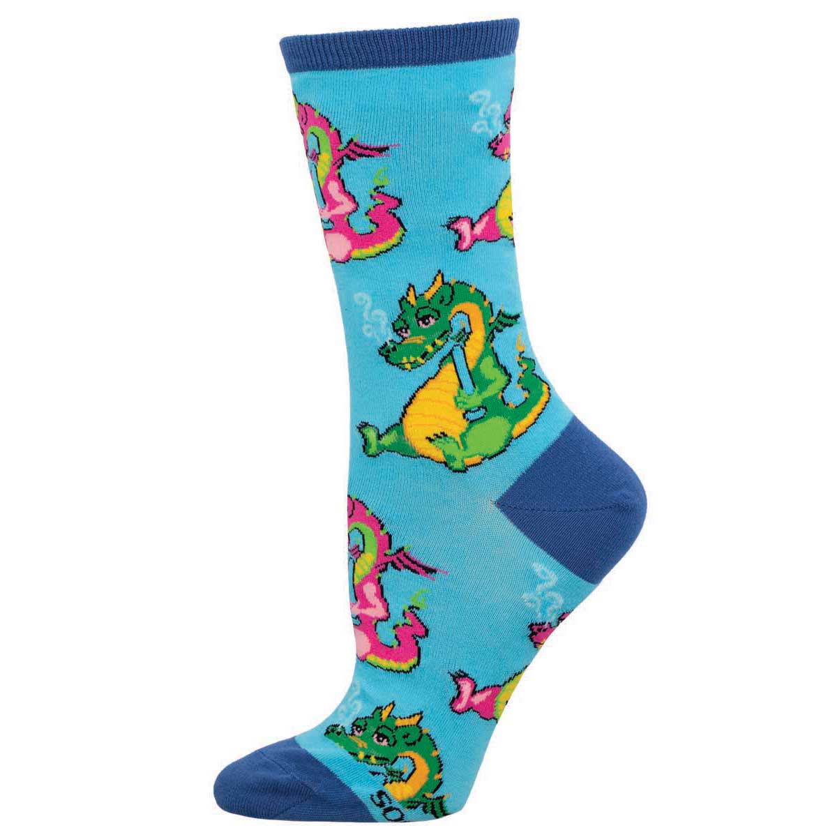 A pair of colorful women's socks with dragons smoking bongs on a light blue background.