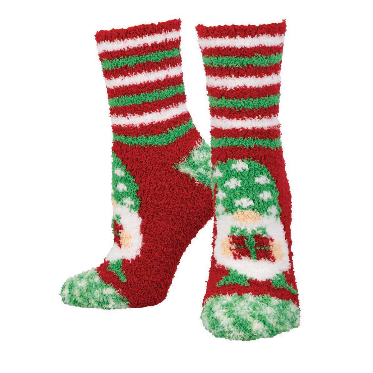 A pair of fuzzy Christmas-themed socks with red, green, and white colors, featuring a gnome with a present in it's hand on the top of the foot.