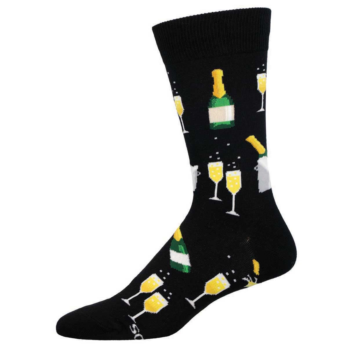 A black crew sock with a pattern of champagne glasses and bottles.