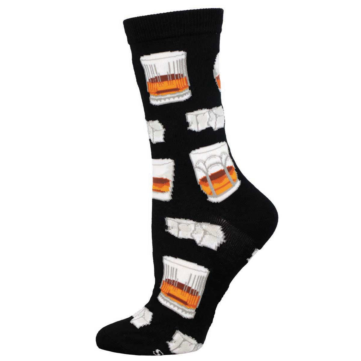 A black sock with a pattern of whiskey glasses and ice cubes in white and orange.