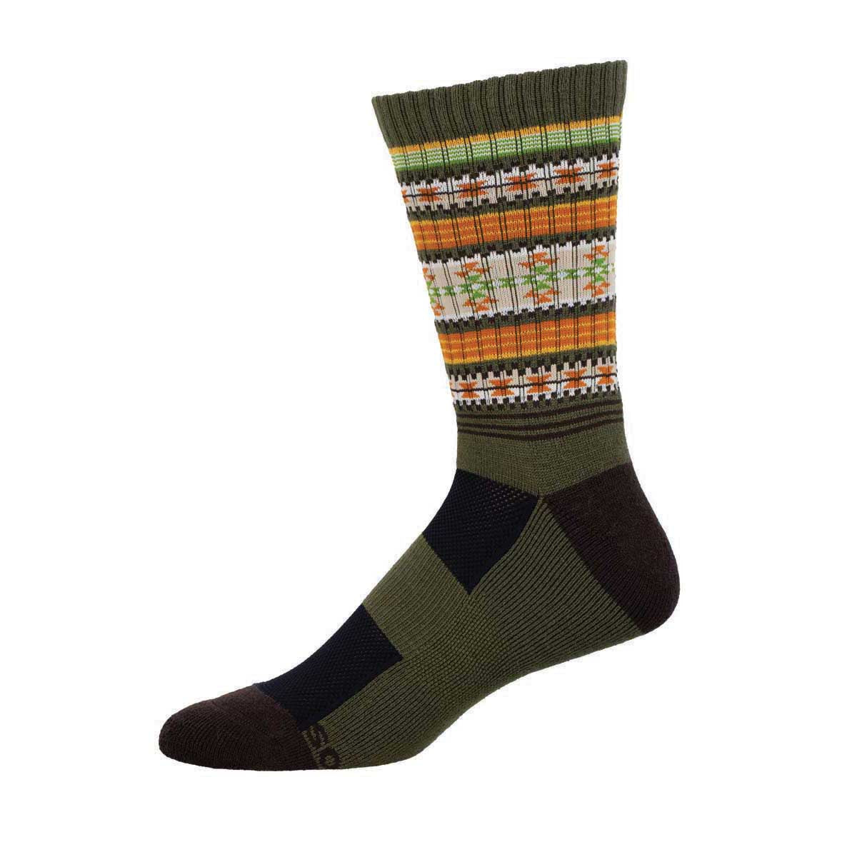 A pair of crew-length Merino wool socks with a striped pattern in various colors including green, orange, and beige.