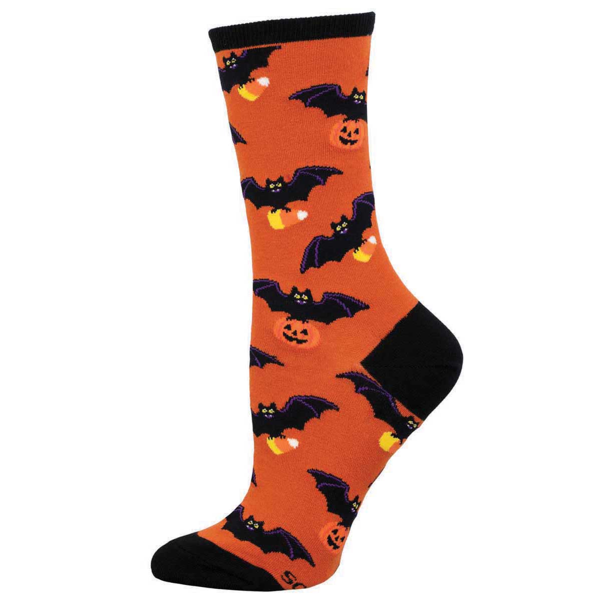 A pair of orange and black cotton crew socks with a Halloween pattern of bats and pumpkins.
