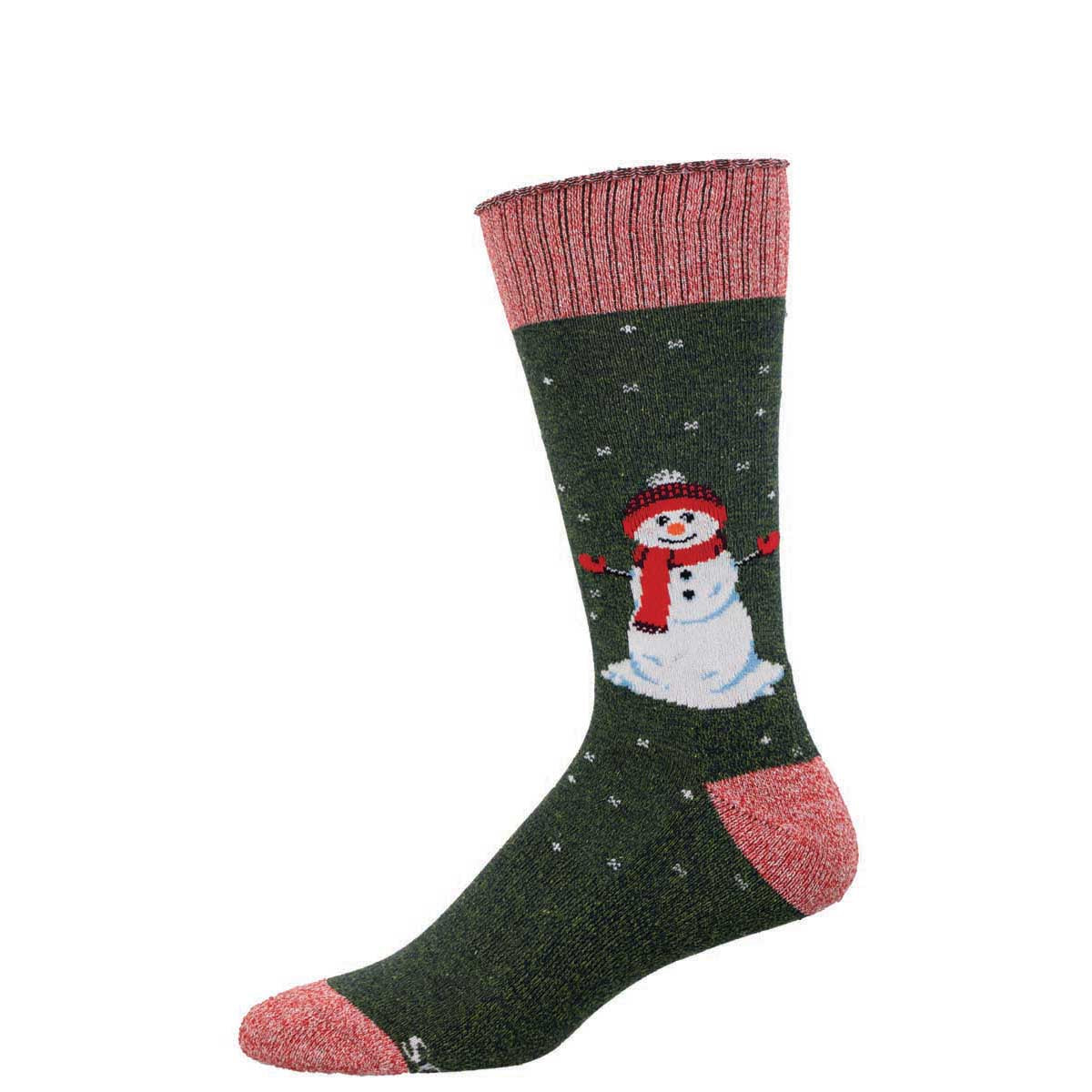 A green sock with a red and white snowman design and red accents on the cuffs.