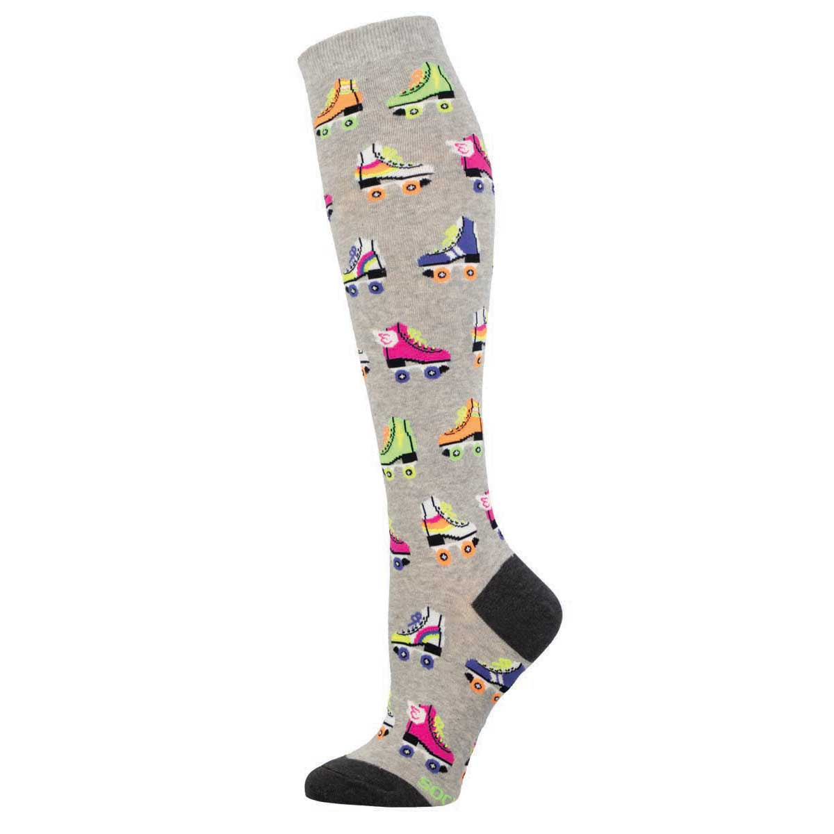 A knee-high sock with a pattern of colorful roller skates on a grey background.