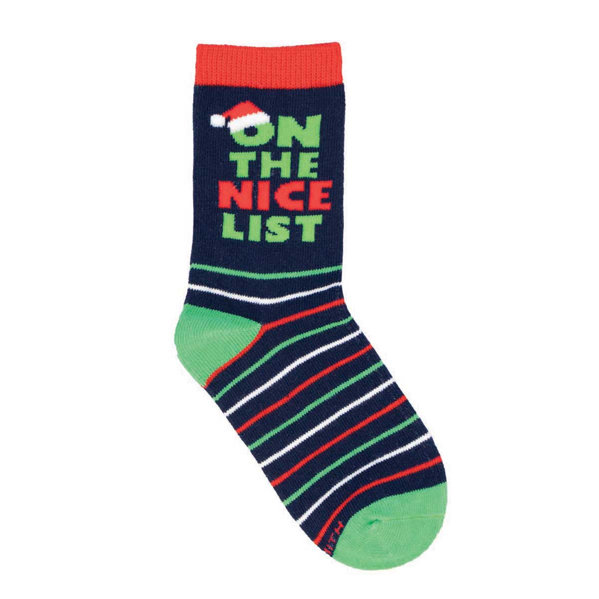A pair of colorful holiday-themed children's socks with text 'ON THE NICE LIST' displayed
