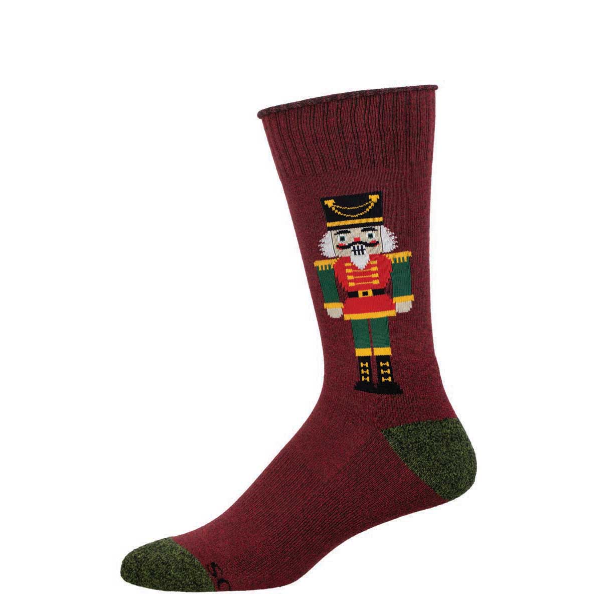 A red sock with a nutcracker design on the cuff, featuring a primarily red and gold color scheme.