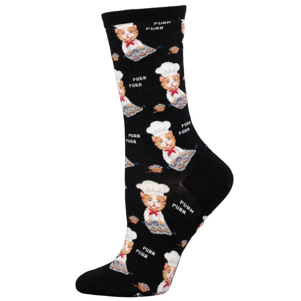 A pair of black socks with a pattern of cartoon cats wearing chef hats and baking muffins.